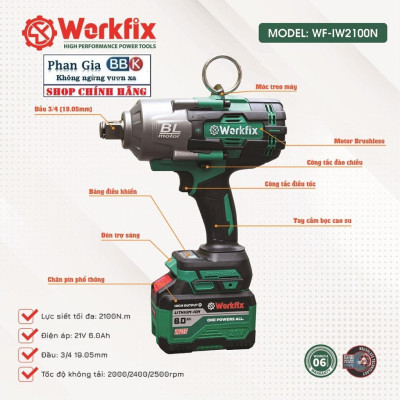 Máy Bắn Bulong WORKFIX WF-IW2100N Auto Stop Không Chổi Than, Lực Siết 2100N.M Mở Vặn Ốc Xe Tải, Ô Tô