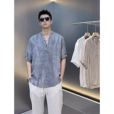 Áo sơ mi đũi nam retro ngắn tay cổ tàu mẫu mới cao cấp