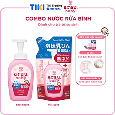 Combo Nước rửa bình thảo mộc cho bé Arau Baby Bình 500ml + Túi 450ml