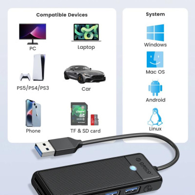 Bộ Chuyển Đổi HUB 1 USB ra 3 cổng USB 3.0 5Gps/ TF/SD 3.0*1 5Gbps PAPW3AT-U3-015 Orico - Hàng Chính Hãng