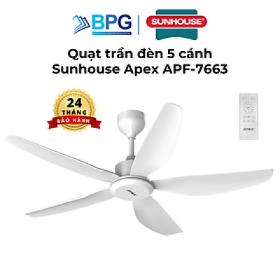 Quạt Trần Sunhouse Apex 5 cánh APF-7662 APF-7663, công suất 57W, cánh quạt sải rộng, điều khiển từ xa, Hàng chính hãng