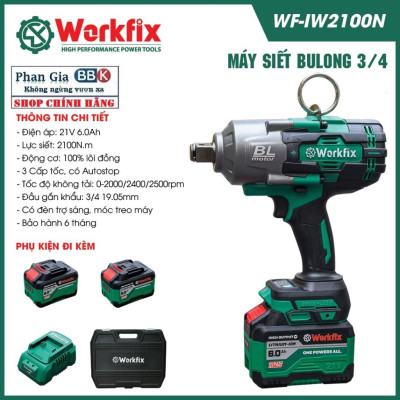 Máy Bắn Bulong WORKFIX WF-IW2100N Auto Stop Không Chổi Than, Lực Siết 2100N.M Mở Vặn Ốc Xe Tải, Ô Tô