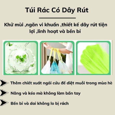 Túi Rác Có Dây Rút, Túi Đựng Rác Ngải Cứu Kháng Khuẩn, Túi Đựng Rác Xanh Lá, COMBO 3 Cuộn 150 Túi