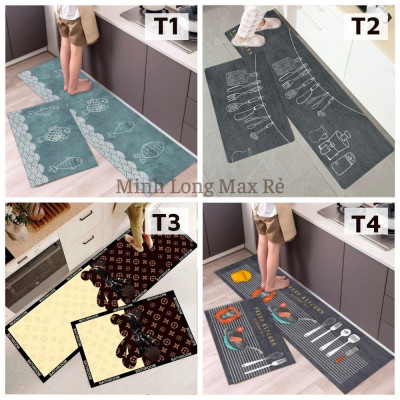 Bộ 2 Thảm Chùi Chân Nhà Bếp Hoa Văn 3D Chống Trơn Trượt, Thấm Hút Nước Cực Tốt