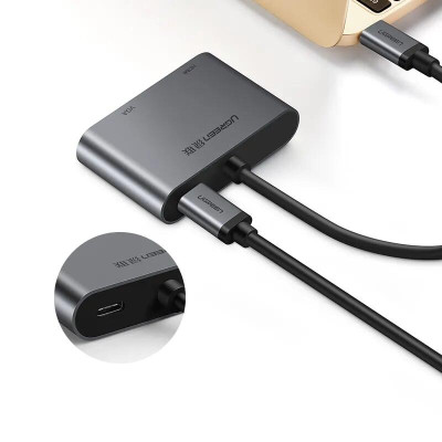 Ugreen UG50738CM162TK 15CM màu Xám Bộ chuyển đổi TYPE C sang HDMI + VGA + hỗ trợ nguồn TYPE C - HÀNG CHÍNH HÃNG