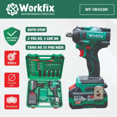Máy siết bulong WORKFIX (WF-IW450N) đầu 2 trong 1 Lực siết 450Nm  Không Chổi Than - HÀNG chính hãƞg