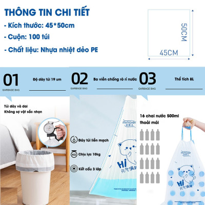 Cuộn 100 Túi Đựng Rác, Túi Rác Tự Phân Huỷ, Túi Đựng Rác Dây Rút Kích Thước 40x50cm, Dai, Tiện Lợi