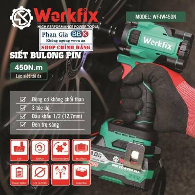 Máy siết bulong WORKFIX (WF-IW450N) đầu 2 trong 1 Lực siết 450Nm  Không Chổi Than - HÀNG chính hãƞg