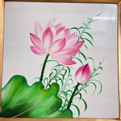 Tranh sơn mài - HOA SEN, HOA CÚC - Vuông thích hợp trang trí, làm quà tặng ý nghĩa