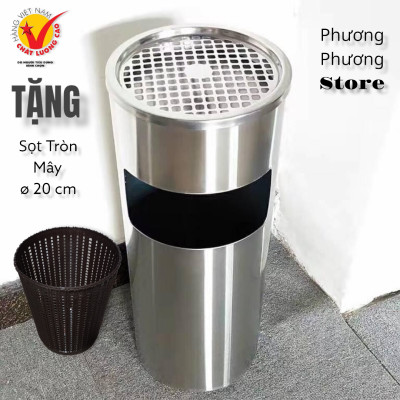 Thùng rác inox tròn, thùng rác inox gạt tàn tròn cao cấp ( Tặng sọt tròn mây )