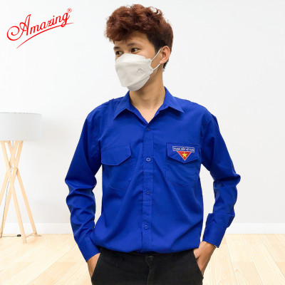 Áo sơ mi đoàn viên nam, đồng phục thanh niên Việt Nam, thêu cờ đỏ sao vàng, 2 túi có nắp và cầu vai
