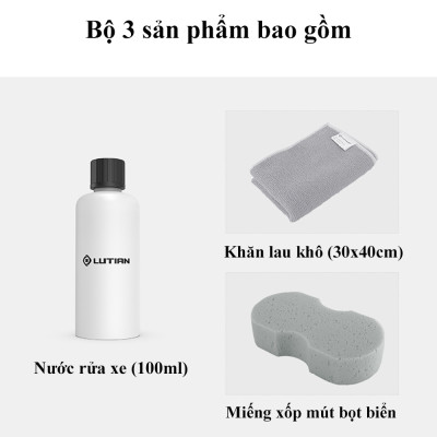 Bộ Ba Dụng Cụ Rửa Xe Lutian Bao Gồm Nước Rửa Xe (100ml), Khăn Lău Khô (30x40cm), Miếng Xốp Mút Bọt Biển Bộ Sản Phẩm Chuyên Dùng Để Dọn Dẹp Rửa Ô Tô, Xe Máy – Hàng Chính Hãng