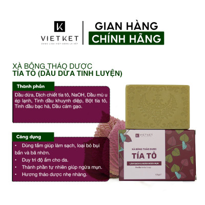 Cục Xà Bông Thảo Dược Tía Tô VIETKET 100g - Làm Sạch, Giảm Mụn Lưng, Sáng Da, Duy Trì Độ Ẩm, Hương Thơm Thảo Dược