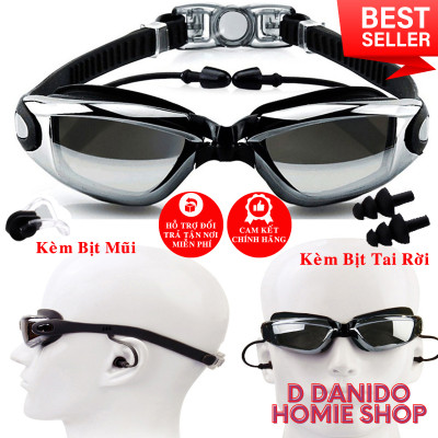 Kính bơi nam nữ tráng gương cao cấp có bịt tai - Kính bơi chống tia UV, chống sương mù thiết kế chống trơn trượt, co giãn - Hàng chính hãng D Danido