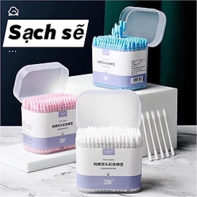 Dụng cụ trang điểm làm đẹp - Set hộp 200c tăm bông ngoáy tai lớn cao cấp với 2 đầu tăm thiết kế hình dáng khác nhau làm sạch sâu bên trong , an toàn và tiện lợi