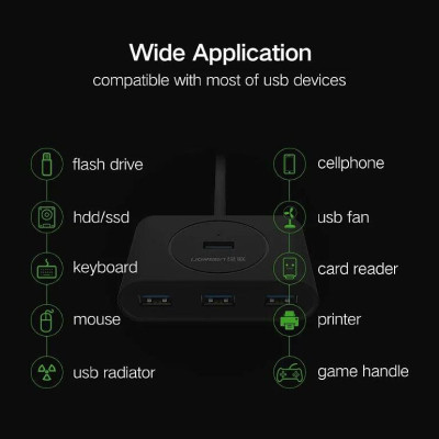 Ugreen UG50263CR113TK 25CM Màu Đen USB 3.0 Hub 4 Port With Power Port - HÀNG CHÍNH HÃNG