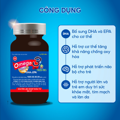Viên Uống Omega 3 VINH GIA Bổ Sung DHA Và EPA Hỗ Trợ Duy Trì Sức Khỏe Mắt Và Tim Mạch Hộp 100 Viên