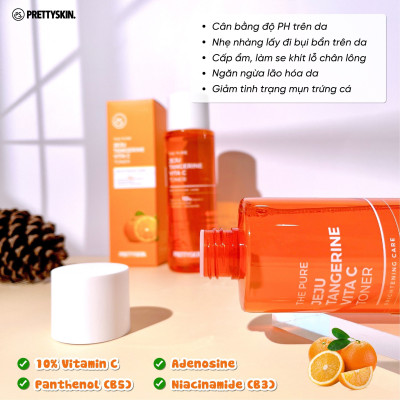 Nước hoa hồng dưỡng trắng, phục hồi da Vitamin C Prettyskin, Toner Pretty Skin The Pure Jeju Tangerine cấp ẩm làm dịu