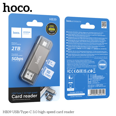 Đầu đọc thẻ nhớ đa năng chuẩn 3.0 hai đầu kết nối Usb và type C cho điện thoại laptop hoco HB39 _ hàng chính hãng