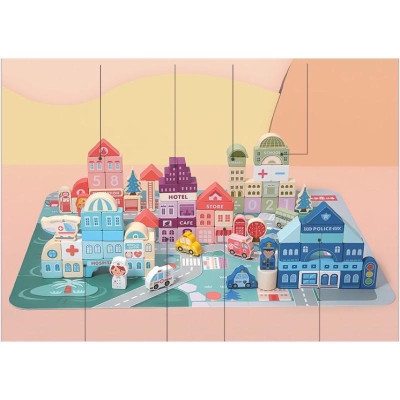 Bộ xếp hình khối mô hình thành phố thu nhỏ bằng gỗ, có tranh ghép nền, giúp bé tăng khả năng sáng tạo