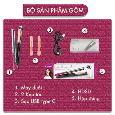 Máy duỗi tóc không dây Kemei KM-555 chuyên nghiệp điều chỉnh 4 mức nhiệt độ phù hợp mọi loại tóc - Hàng chính hãng