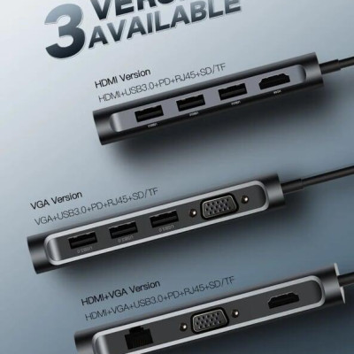 Ugreen UG40873CM179TK Bộ chuyển đổi TYPE C sang 3 USB 3.0 + HDMI + VGA + LAN + SD TF + hỗ trợ nguồn TYPE C - HÀNG CHÍNH HÃNG