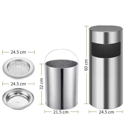 Thùng Rác Inox Có Gạt Tàn Hình Trụ Tròn Bên Trên Có Gạt Tàn Bên Trong Có Thùng Đựng Rác Bằng Tôn Hoa GEV35A