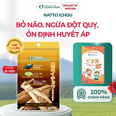 Viên Uống Phòng Ngừa Đột Quỵ, Bổ Não, Giúp Ngủ Ngon Nattokinase 3000FU Natto Ichou Genki Fami Nhật Bản Túi 30 Viên