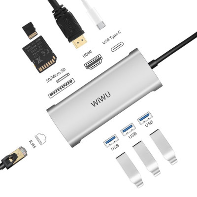  Hub Chia Cổng USB Type C Đa Năng 8 In 1 WiWU Alpha A831HRT Cho Macbook, Laptop, Ipad Tích Hợp 8 Giao Diện - Hàng Chính Hãng