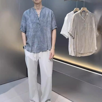 Áo sơ mi đũi nam retro ngắn tay cổ tàu mẫu mới cao cấp