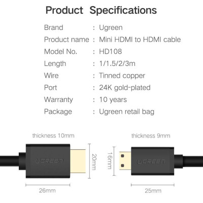 Ugreen UG11167HD108TK 1.5M 4K 60hz 2.0 Cáp Mini HDMI sang HDMI thuần đồng màu Đen - HÀNG CHÍNH HÃNG