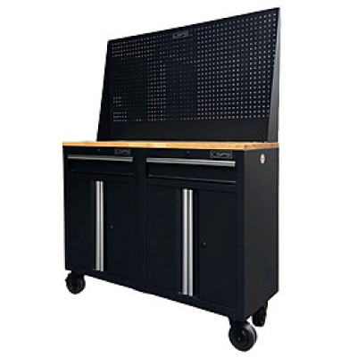 Bộ 2 Tủ dụng cụ CSPS 122cm màu đen mặt ván gỗ kèm vách lưới - 02 hộc kéo (tay cầm trắng)