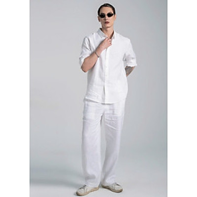 Set Bộ Sơ Mi Nam Basic Áo Dài Tay Mix Quần Suông Ống Rộng Vải Linen Sợi Tự Nhiên Mát Mẻ