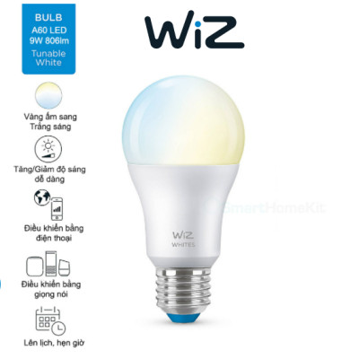 Bóng đèn WiZ thay đổi nhiệt độ màu Wi-Fi TunableWhite/9W A60 927-65