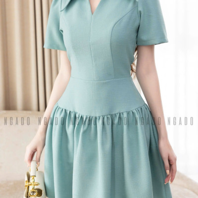 Đầm sơ mi xanh mint ngắn tay NGADO , đầm kiểu sơ mi , đầm nữ