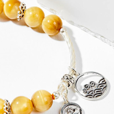 Vòng Tay Phong Thủy Nữ Đá Mắt Hổ Vàng Tâm Phối Charm Hoa Sen Bạc (8mm) Mệnh Thổ, Kim Ngọc Quý Gemstones