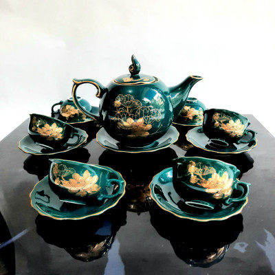 Bộ ấm chén Bát Tràng cao cấp phú quý Mallard màu xanh Arctic họa tiết hoa sen vẽ vàng 24k
