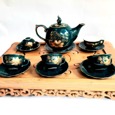 Bộ ấm chén Bát Tràng cao cấp phú quý Mallard màu xanh Arctic họa tiết hoa sen vẽ vàng 24k