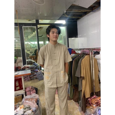 Đồ đi chùa nam cổ trụ thêu túi ngắn tay, đồ lam đi chùa nam