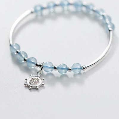 Vòng tay đá Aquamarine phối charm bánh lái mệnh thủy, mộc - Ngọc Quý Gemstones