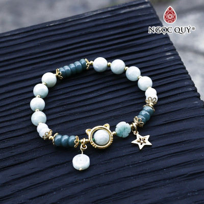 Vòng cẩm thạch phỉ thúy phối lam ngọc charm bạc mạ vàng - Ngọc Quý Gemstones