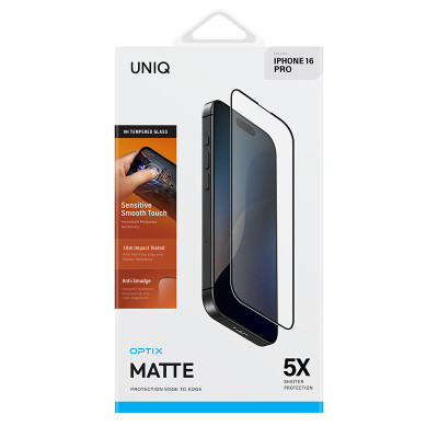 Kính Cường Lực UNIQ OPTIX MATTE Cho iPhone 16 Pro/ 16 Pro Max Bề Mặt Nhám Mịn Chống Bám Vân Tay Chống Chói Hàng Chính Hãng