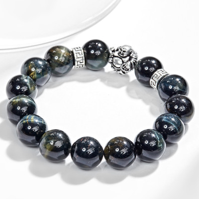 Vòng tay thạch anh mắt hổ xanh đen phối charm phật di lặc (12mm) Ngọc Quý Gemstones