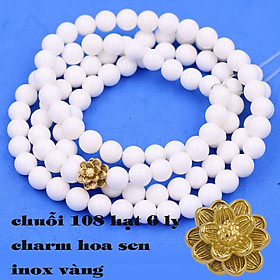[Mệnh Kim, Thủy] Bộ Vòng Chuỗi, Tràng Hạt 108 Hạt 6 Ly Đá San Hô Trắng Charm Hoa Sen Inox - Tràng Chuỗi Niệm Phật - An Yên - Thịnh Vượng - May Mắn - Tài Lộc - Bình An