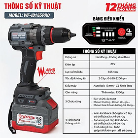 Máy Khoan 3 Chức Năng 165N.m Workfix - WF-ID165PRO - Đầu Kẹp 13mm Auto Lock - Anti Kickback - Có Tạo Xung Vô Cấp - Tính Năng Eco-Tubo  - Brushless Motor - Chân Pin Phổ Thông - 2 Pin 15 Cell - Có Tay Cầm Trợ Lực 
