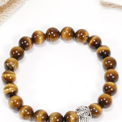 Vòng thạch anh mắt hổ vàng nâu phối charm bạc (8mm) Ngọc Quý Gemstones