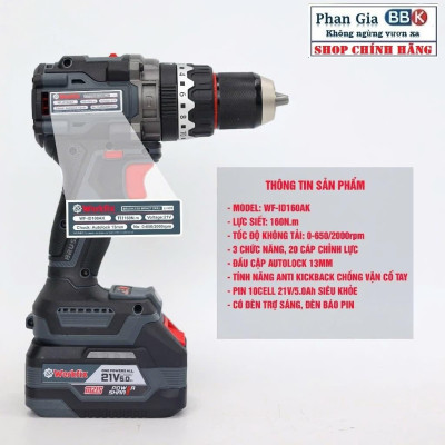 Máy khoan pin 13mm Workfix WF-ID160AK lực siết 160Nm, Không Chổi Than, Chống lật cổ tay-Bảo hành chính hãƞg.