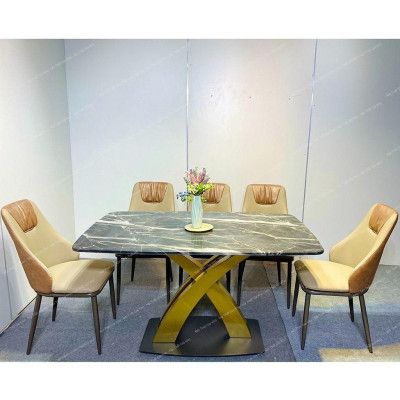 Bàn ăn mặt đá Cẩm thạch nhân tạo chân chéo X cong inox mạ vàng kết hợp ghế Spot