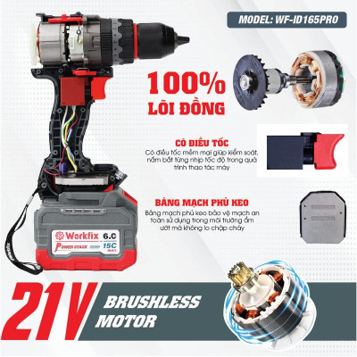 Máy Khoan 3 Chức Năng 165N.m Workfix - WF-ID165PRO - Đầu Kẹp 13mm Auto Lock - Anti Kickback - Có Tạo Xung Vô Cấp - Tính Năng Eco-Tubo  - Brushless Motor - Chân Pin Phổ Thông - 2 Pin 15 Cell - Có Tay Cầm Trợ Lực 
