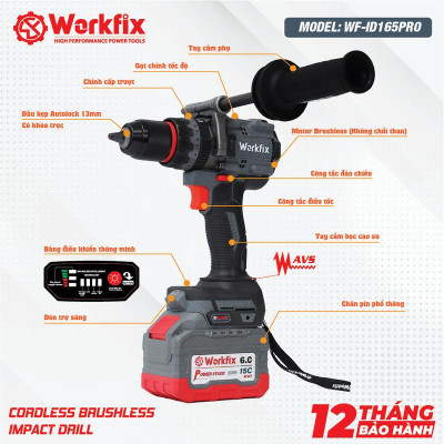 Máy Khoan 3 Chức Năng 165N.m Workfix - WF-ID165PRO - Đầu Kẹp 13mm Auto Lock - Anti Kickback - Có Tạo Xung Vô Cấp - Tính Năng Eco-Tubo  - Brushless Motor - Chân Pin Phổ Thông - 2 Pin 15 Cell - Có Tay Cầm Trợ Lực 